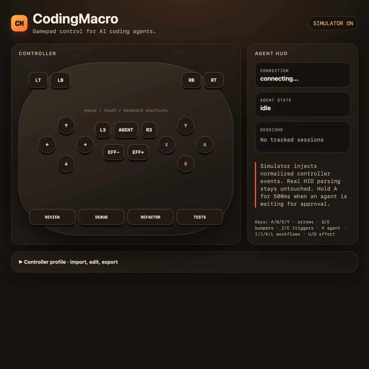 CodingMacro 本地手柄与 Agent 状态面板